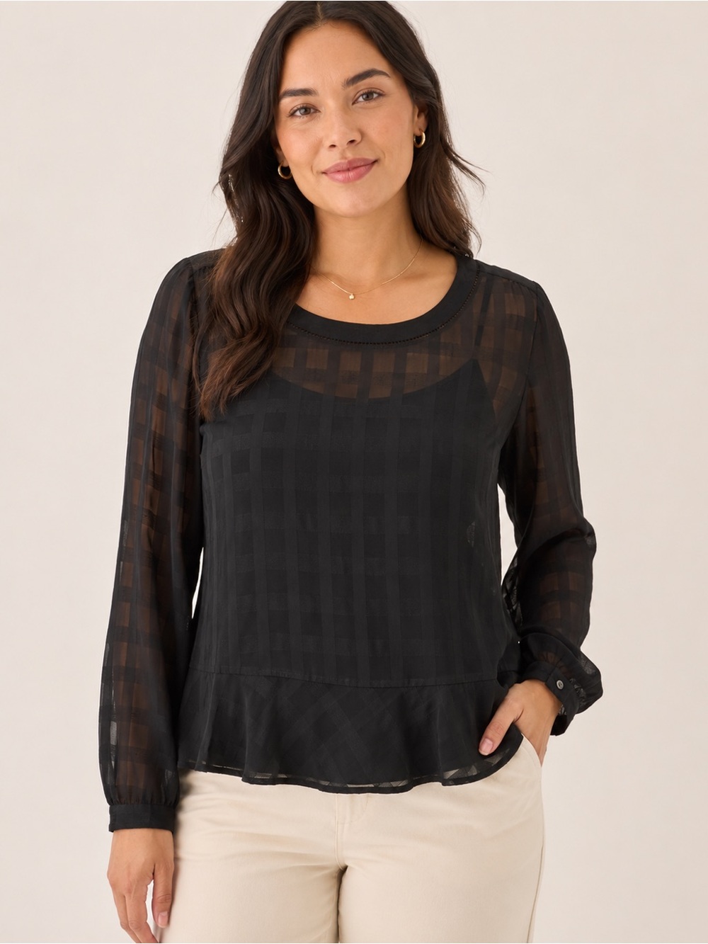 LOFT Black Sheer Plaid Long Sleeve Blouse Size M Ruffle Hem Work Top
